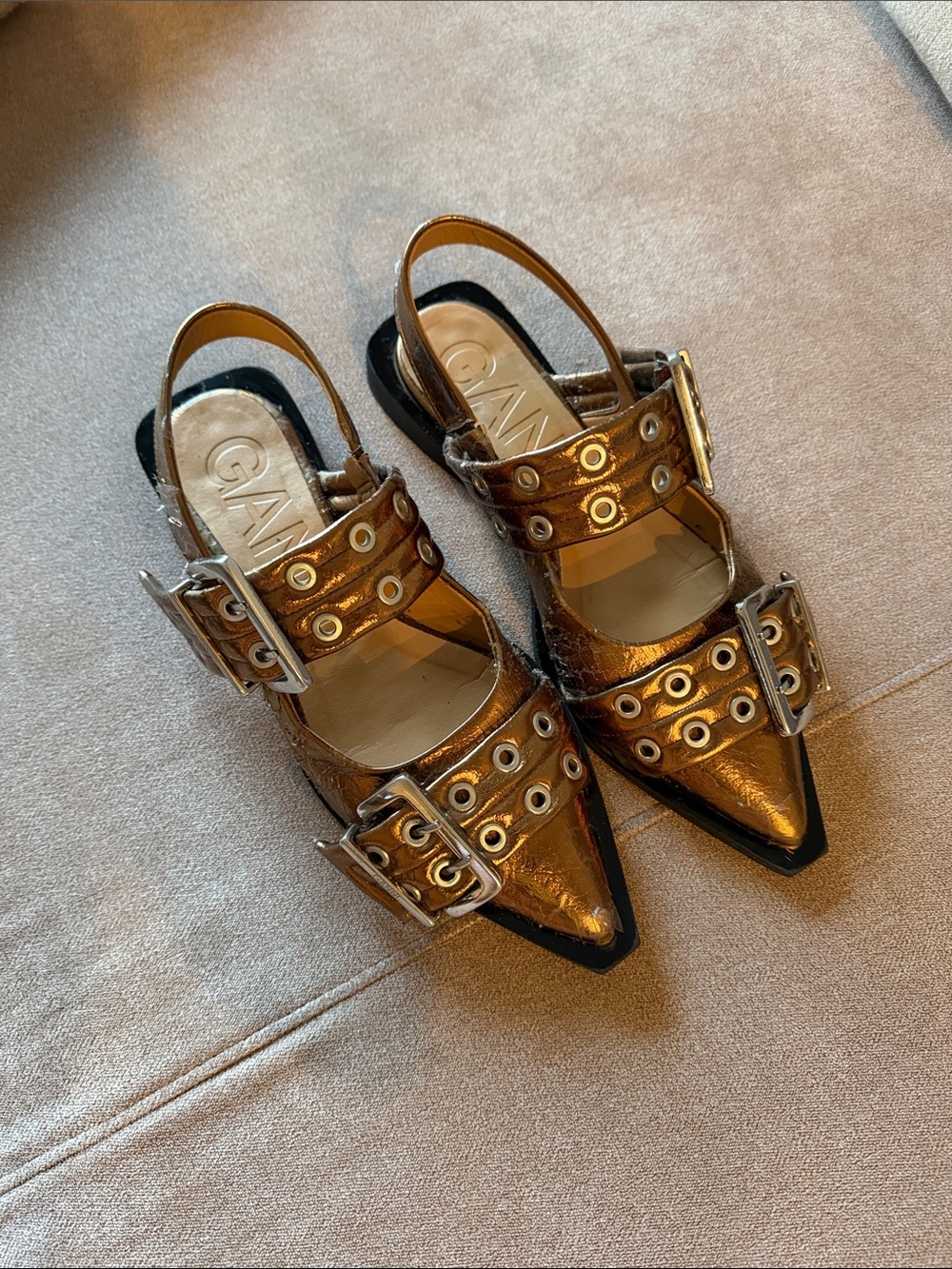 Ganni Metallic Bronze Pointed Slingback Mules with Buckles